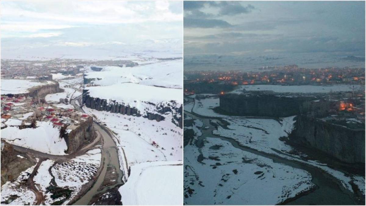 Baharda karla kaplanan Murat Kanyonu gece ve g&uuml;nd&uuml;z dronla g&ouml;r&uuml;nt&uuml;lendi