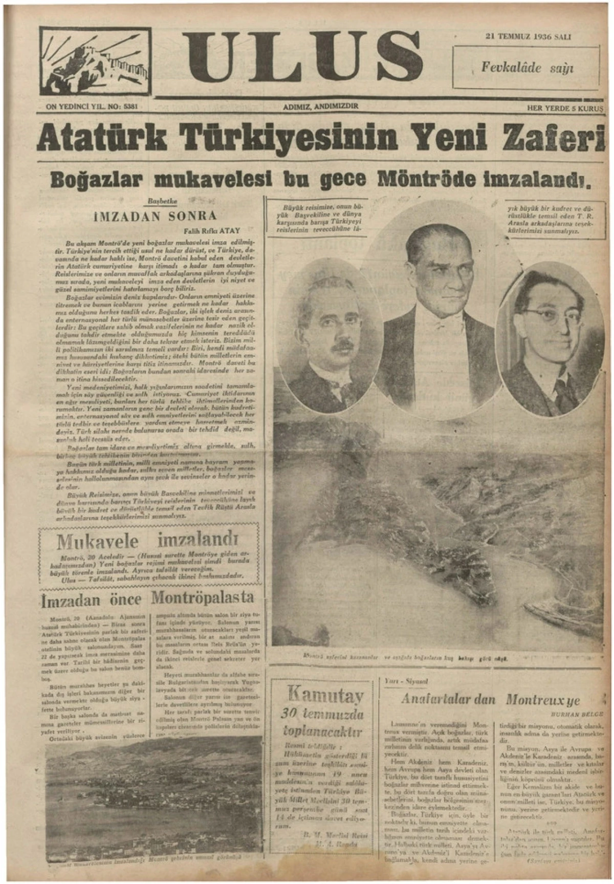 Montr&ouml; Boğazlar S&ouml;zleşmesi Ulus Gazetesi'nde: 21 Temmuz 1936